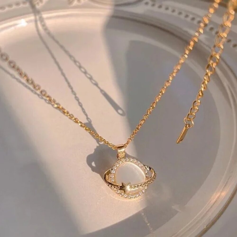 💎NEW 14K Gold Plated Diamond Round Opal Planet Necklace